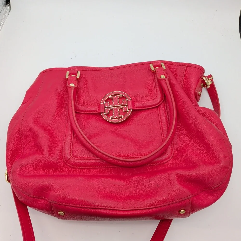 Tory Burch Amanda Hobo Classic Handle Tote Pink Pebbled Leather Crossbody Bag